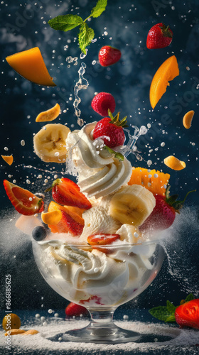 Fototapeta Naklejka Na Ścianę i Meble -  Ice cream cone with scoops of vanilla and colorful fruits like berries and citrus floating in mid-air with a dark blue background.