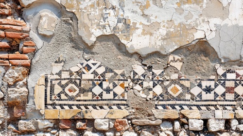 Ancient mosaic fragment at The Great Baths Dion Pieria Greece with space for text photo