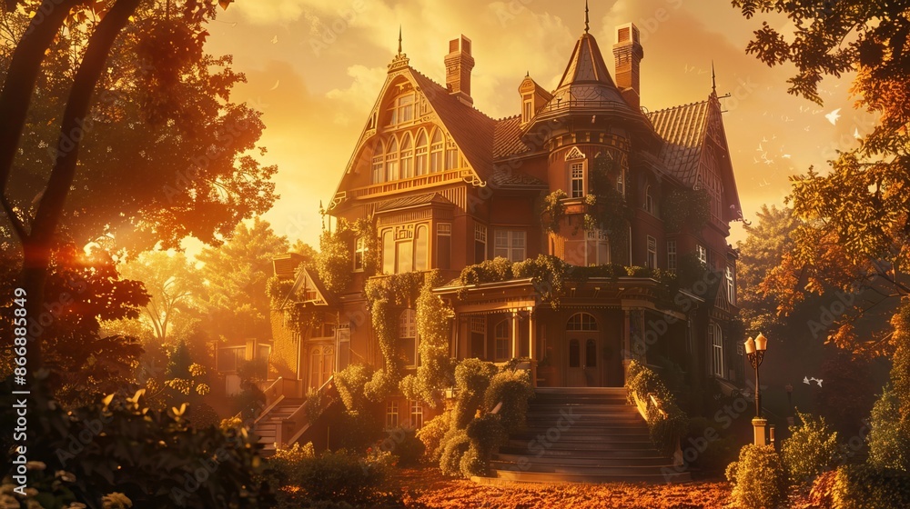 Fototapeta premium A stunning old-fashioned house with a warm golden glow from the setting sun.