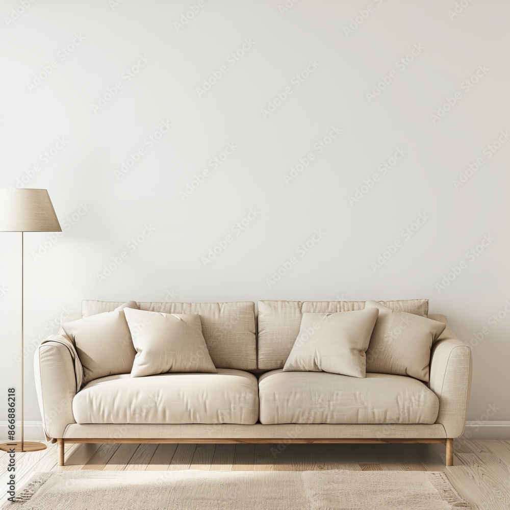 A beige couch sits in front of a blank white wall in a simple living room. A lamp is nearby. A beige couch sits in front of a blank white wall in a simple living room. A lamp is nearby.