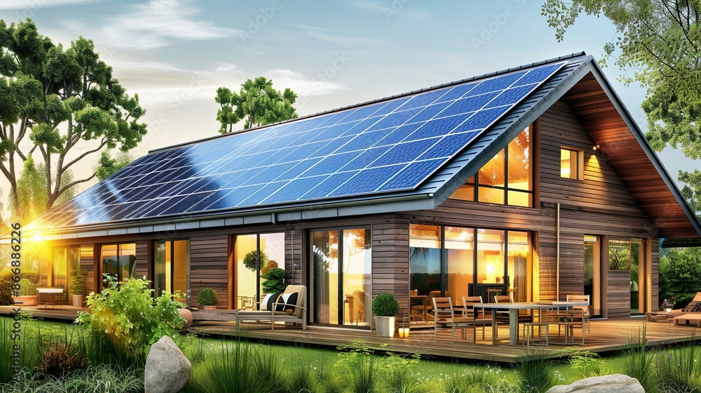 Sustainable Home Solar Panels Modern Architecture Green Energy Efficiency Evening Light Sustainable Home Solar Panels Modern Architecture Green Energy Efficiency Evening Light