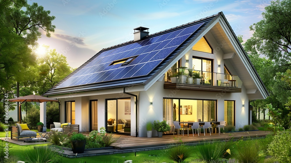 Luxurious Modern House with Solar Panels Green Energy Sustainable Design Evening Light Luxurious Modern House with Solar Panels Green Energy Sustainable Design Evening Light