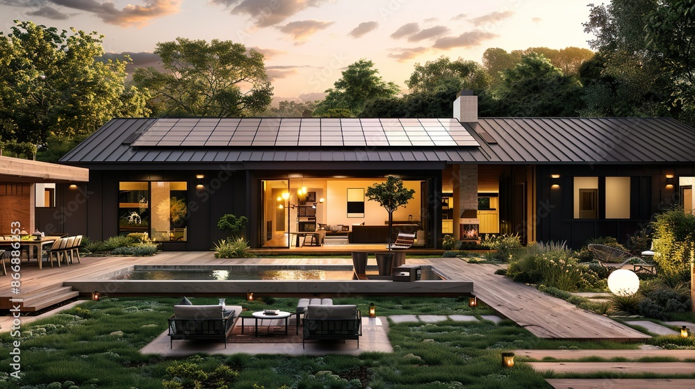 Sustainable Modern Home with Solar Panels Evening Light Eco-Friendly Design Green Living Sustainable Modern Home with Solar Panels Evening Light Eco-Friendly Design Green Living