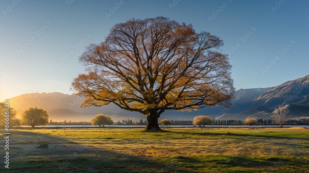 Fototapeta premium Wanaka Tree, captured in the golden light of sunrise.
