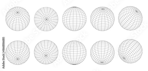 Globe grid spheres. Striped 3D wireframe spheres, geometry globe grid, earth latitude and longitude line grid vector symbols set