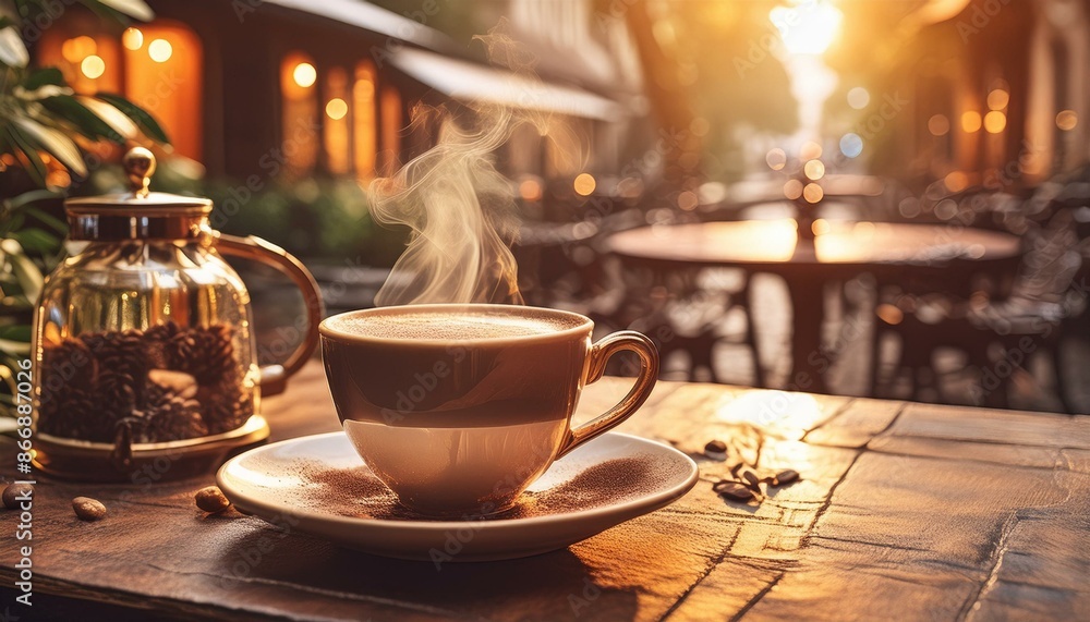 Fototapeta premium Steaming hot coffee cup on wooden table at outdoor cafe, morning sun light over breakfast terrace, aromatic espresso with rising steam and glass teapot, cozy cafe atmosphere at sunrise.