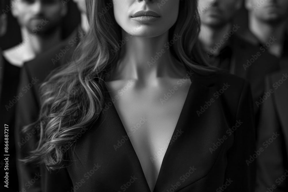 Confident Woman in Black with Men in Background, Monochrome Confident Woman in Black with Men in Background, Monochrome