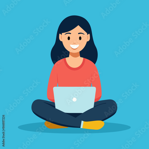 smiling woman Jane sitting with crossed legs, holding laptop. Freelance, studying, online education, work at home silhouette vector art illustration