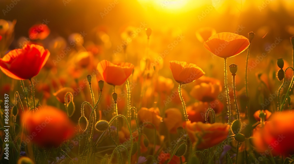 Obraz premium A field of orange poppies at sunset.