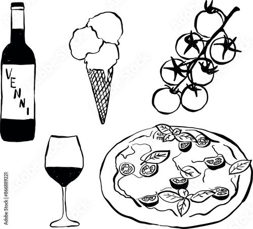 Ilustraciones de Italia dibujadas a mano. Iconos en vector para invitaciones, papelería, diseño. Clipart de pizza, vino y helado