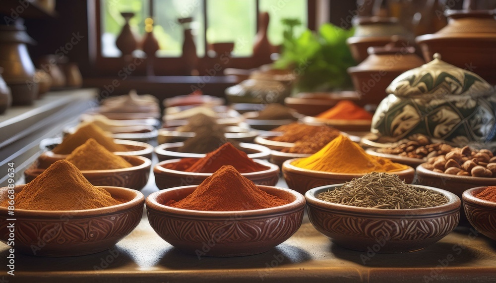 Fototapeta premium Aromatic spice collection in clay bowls, vibrant colorful seasoning powders and dried herbs in a rustic kitchen setting, traditional culinary ingredients for cooking and food preparation.