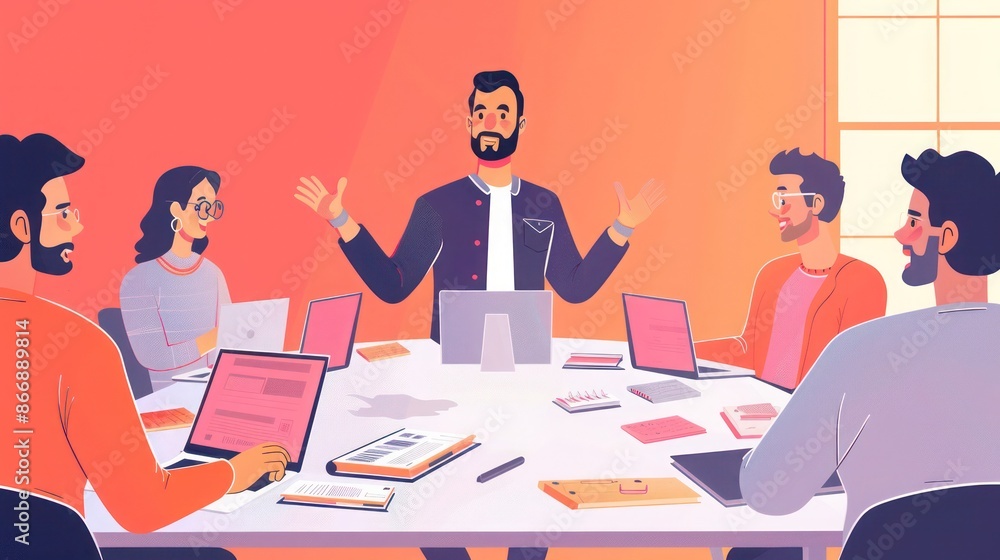 startup founder leading a team meeting, discussing strategies around a table filled with laptops and notebooks startup founder leading a team meeting, discussing strategies around a table filled with laptops and notebooks