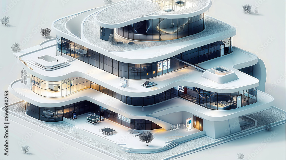 3d isometric model of science and technology exhibition hall, white background. Generative AI. 3d isometric model of science and technology exhibition hall, white background. Generative AI.
