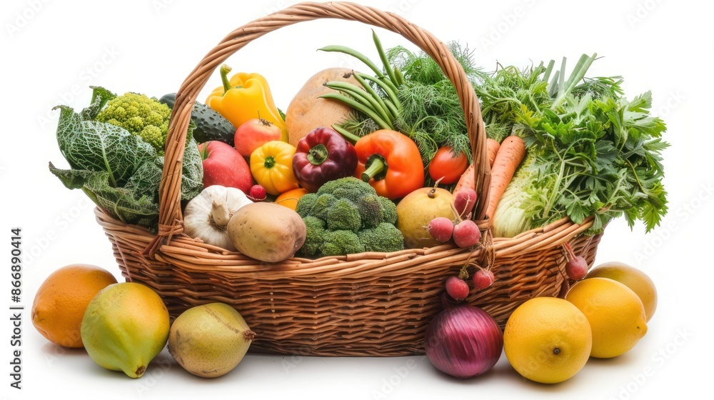 Assorted organic vegetables and fruits in wicker basket isolated on white background. Assorted organic vegetables and fruits in wicker basket isolated on white background.
