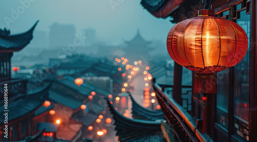 Wallpaper Mural Night view of ancient Chinese buildings, a red lantern, lights. Generative AI. Torontodigital.ca