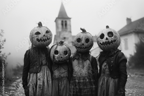 black and white vintage photo of horror, three girls wearing halloween pumpkin masks, small church in the background. photo