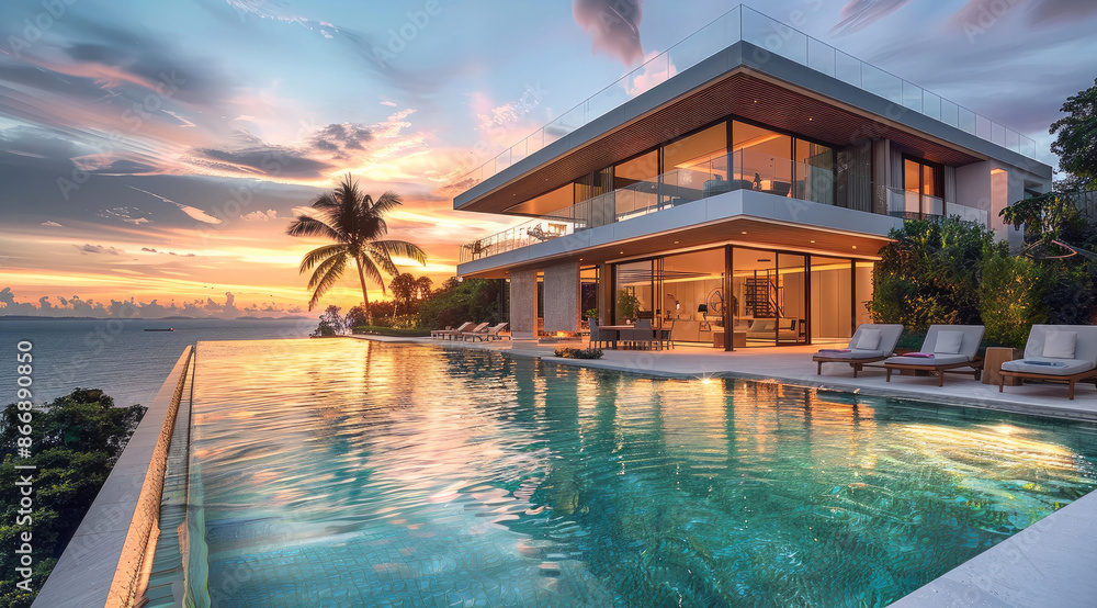 Fototapeta premium Luxury villa with pool at sunset. Generative AI.