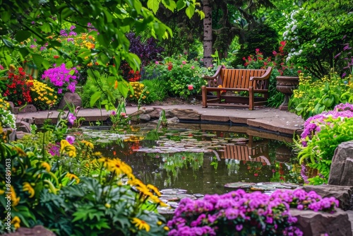 Fototapeta Naklejka Na Ścianę i Meble -  Serene Garden Oasis with Wooden Bench by a Vibrant Flower Pond - Perfect for Posters and Cards