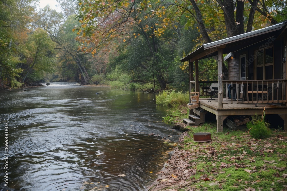 Obraz premium Tranquil Riverside Cabin Getaway with Porch and Fishing Gear in Peaceful Autumn Landscape