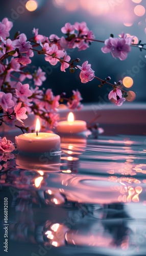 Tranquil Bath Scene with Blossoms and Candlelight Reflections for Relaxation and Comfort © spyrakot