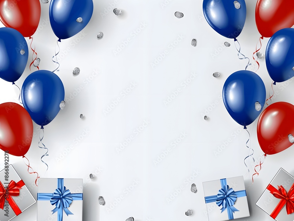 Red, Blue, and Silver Balloons, Gift Boxes, Ribbons on White Background, Perfect for Celebratory Themes