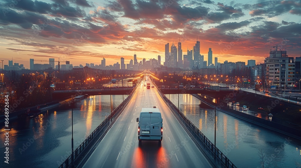 A delivery van driving on a bridge over a river, with a city skyline in the distance. Generative AI. A delivery van driving on a bridge over a river, with a city skyline in the distance. Generative AI.