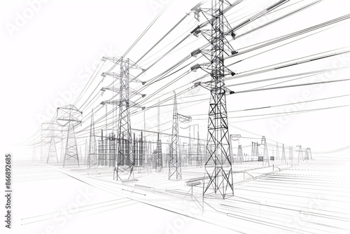Detailed Engineering Drawing of High-Voltage Power Line Structures and Transmission Towers with Electrical Cables in Technical Illustration