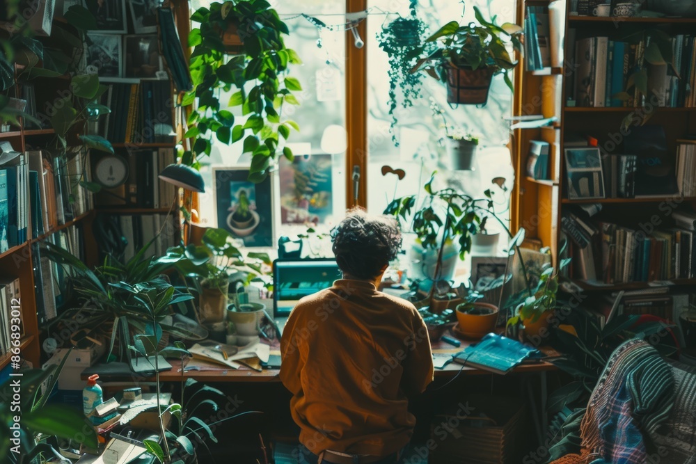 Person Engaging in a Peaceful Hobby Amidst a Lush Indoor Garden with Natural Light Person Engaging in a Peaceful Hobby Amidst a Lush Indoor Garden with Natural Light