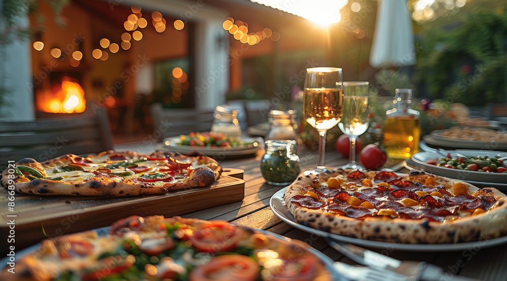 In the comfortable atmosphere of the backyard, with the bright blue sky as the background, the backyard dinner party, the table has rich food, pizza, steak. Generative AI. In the comfortable atmosphere of the backyard, with the bright blue sky as the background, the backyard dinner party, the table has rich food, pizza, steak. Generative AI.