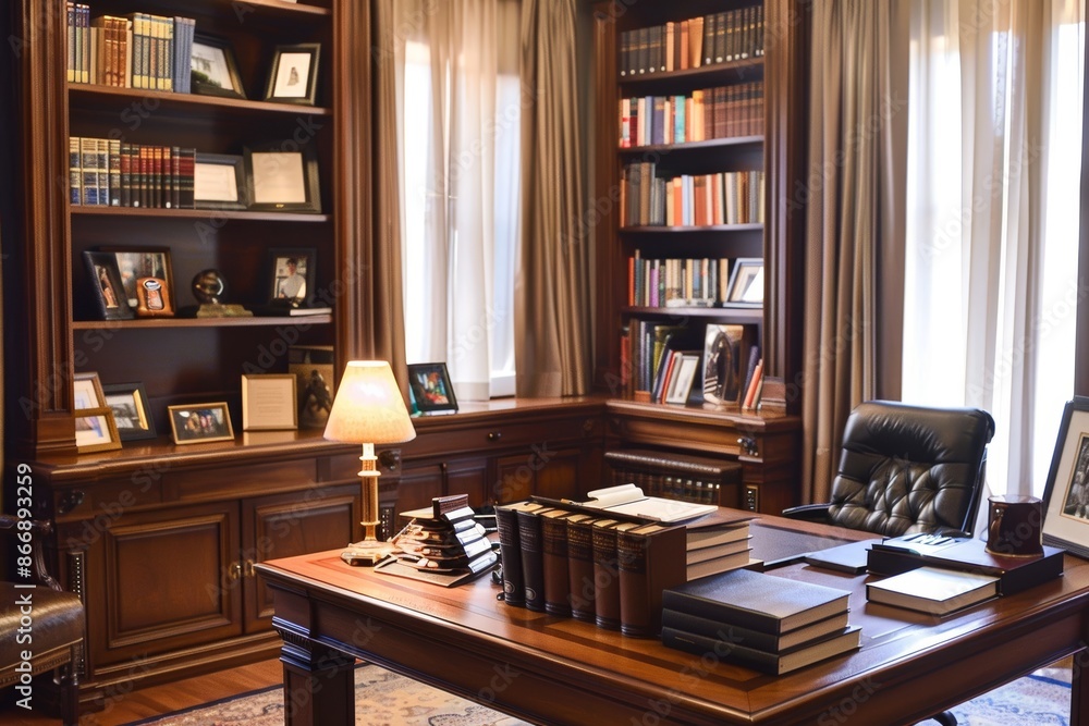 Elegant Home Office with Large Desk, Ergonomic Chair, and Book-Filled Shelves - Ideal for Productivity Elegant Home Office with Large Desk, Ergonomic Chair, and Book-Filled Shelves - Ideal for Productivity