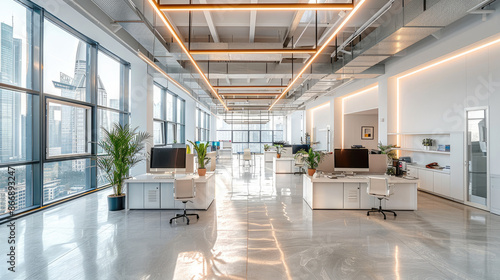 International corporate open office, fashionable and warm technological style, white office furniture, strip chandeliers. Generative AI.