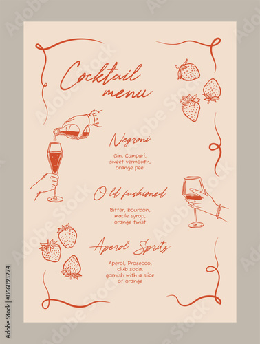 Elegant cocktail menu template. Matisse style food and beverage illustrations.