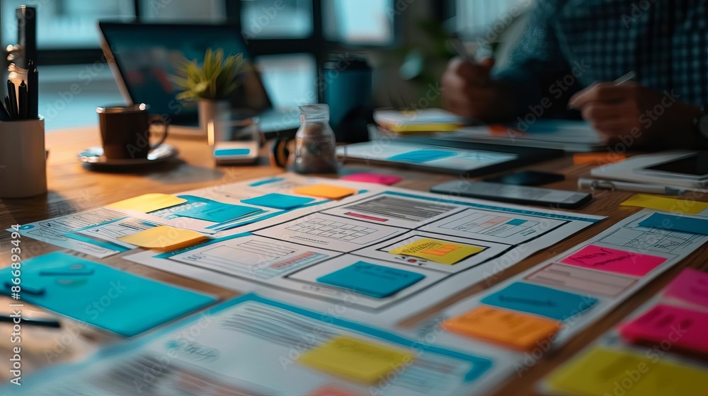 Professionals discussing digital marketing strategies, with website wireframes and promotional materials spread out on a modern office table Professionals discussing digital marketing strategies, with website wireframes and promotional materials spread out on a modern office table