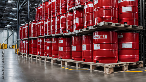 Red barrels holding flammable liquids on pallets
