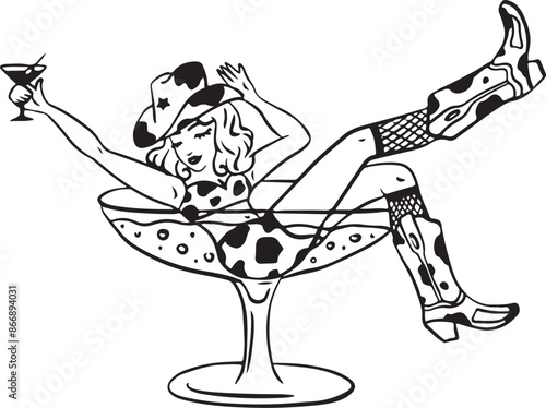 Cowgirl in a glass of martini cocktail. Bachelorette party icon.