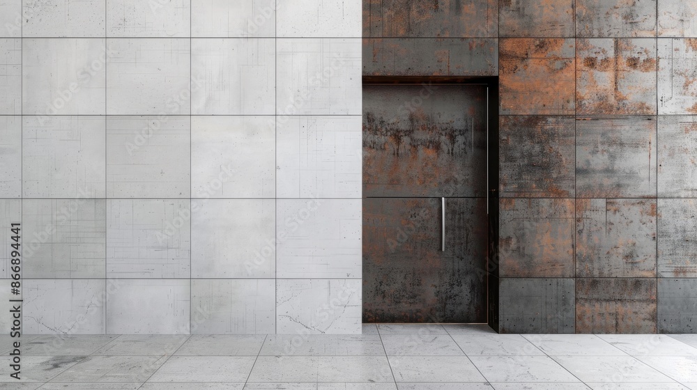 Metal door covering transition from wood parquet to white tiles Metal door covering transition from wood parquet to white tiles