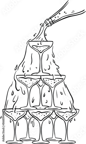 Champagne tower sketch art. Bachelorette wedding party.