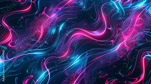 Vivid blue and pink abstract background with neon glowing lines, perfect for technology, gaming, or music themes.