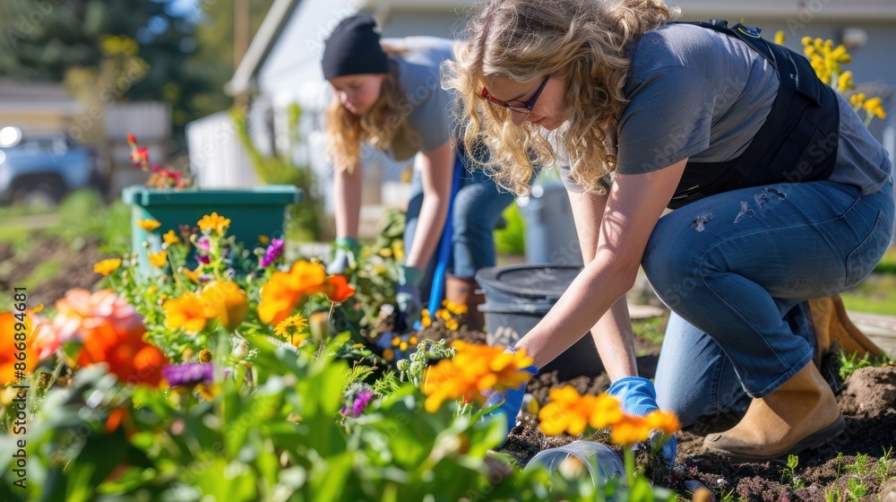 Employees participating in a community cleanup event, picking up trash and planting flowers Employees participating in a community cleanup event, picking up trash and planting flowers