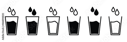 Set of Water glass with water drops icons. Drinking water symbol. Vector Illustration.