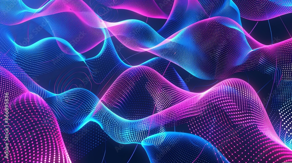 Fototapeta premium Abstract background with flowing blue and pink neon light trails. Futuristic digital technology, AI, big data, and blockchain concept.