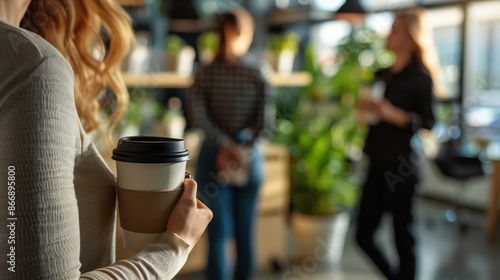Fototapeta Naklejka Na Ścianę i Meble -  business professional holding a reusable coffee cup while discussing work with colleagues in a sustainable office space