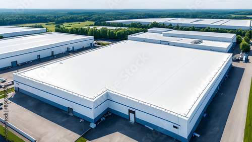Clean white flat roof made of PVC on a factory building, seen from above on a summer day