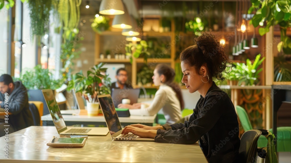 Employees using laptops and tablets in a workspace designed with sustainable materials and green accents Employees using laptops and tablets in a workspace designed with sustainable materials and green accents