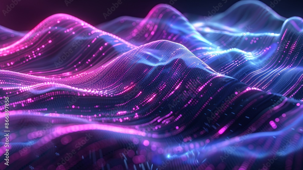 Abstract background of glowing particles flowing in a wave pattern. Concepts of technology, data, and digital information. Abstract background of glowing particles flowing in a wave pattern. Concepts of technology, data, and digital information.