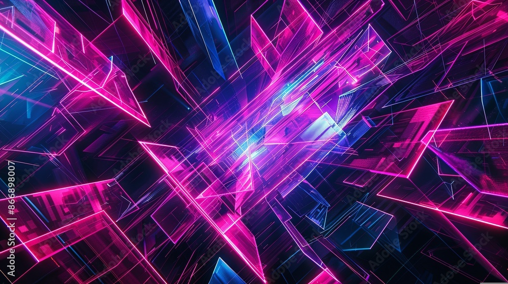 Obraz premium Abstract digital background with glowing neon lines, geometric shapes, and vibrant colors, creating a futuristic and technological design.