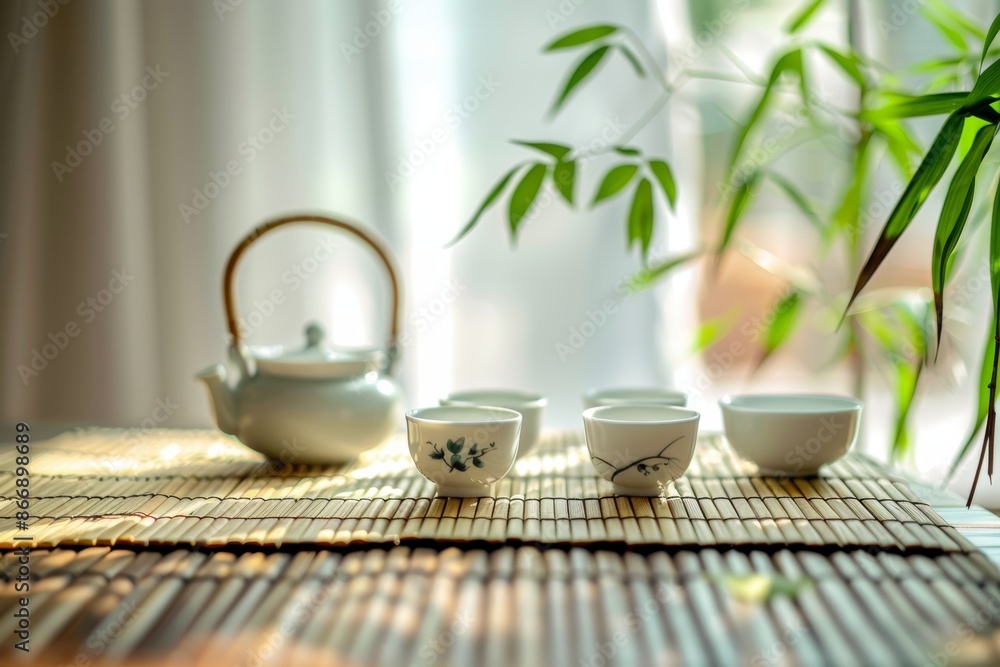 Serene Traditional Tea Ceremony Setup with Porcelain Cups and Teapot on Bamboo Mat Serene Traditional Tea Ceremony Setup with Porcelain Cups and Teapot on Bamboo Mat