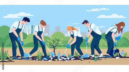 team of professionals participating in a community cleanup event, picking up litter and planting trees