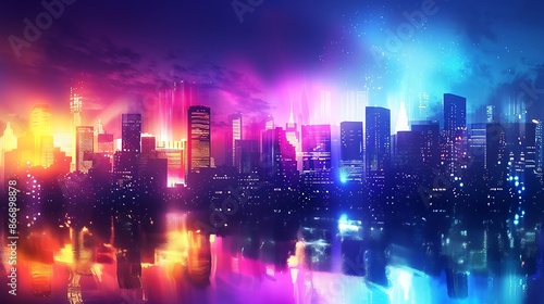 A vibrant flyer background with an abstract cityscape silhouette and neon lights, capturing the energy of urban life.