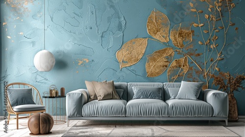 A luxurious living room with a decorative texture painted wall. The wall features a refined golden leaf texture on a soft, pastel blue background, adding an elegant touch to the space. Generative AI.